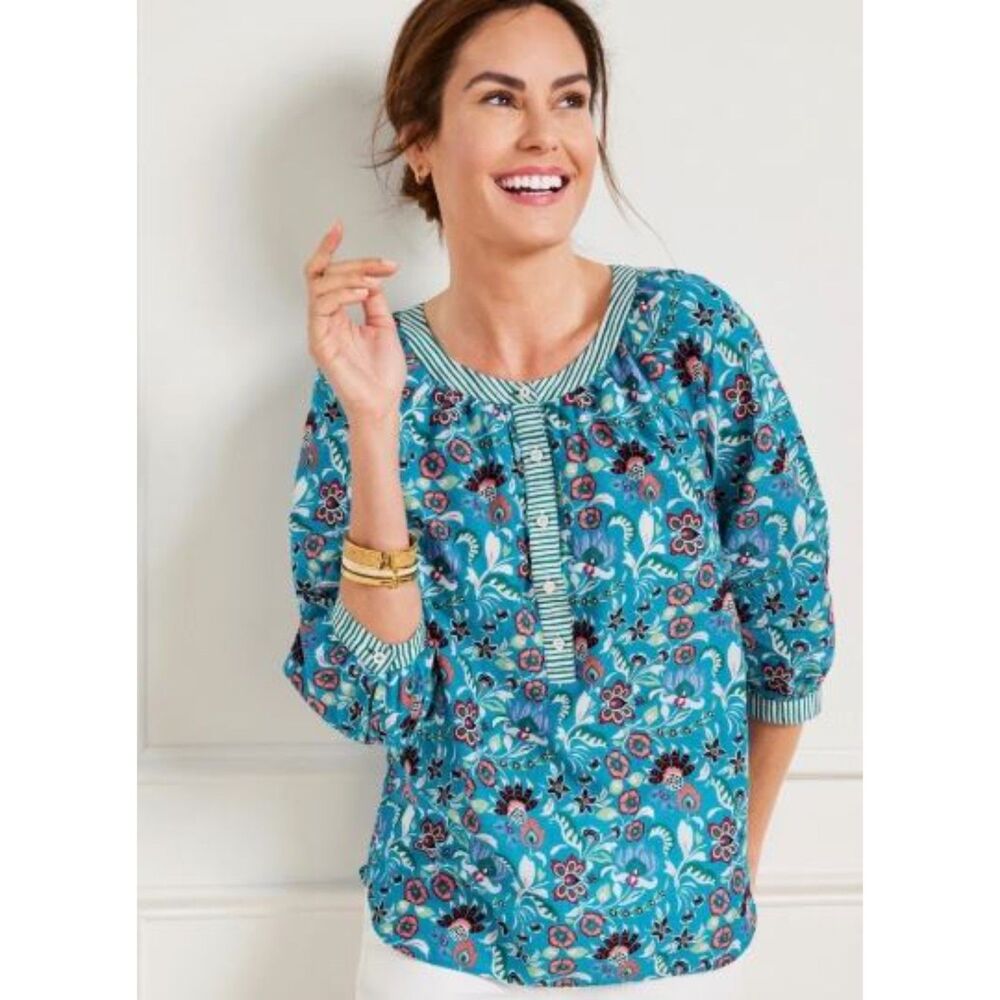 Talbots Jacobean Floral Band Collar Popover Blouse Cotton Cottagecore Size XL